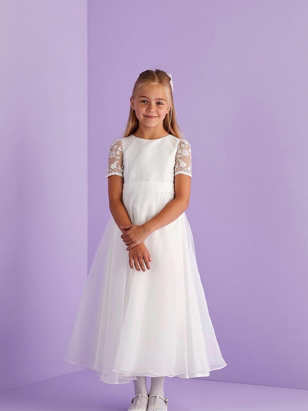 Girls White Lace Sleeve A-Line Kids Dress
